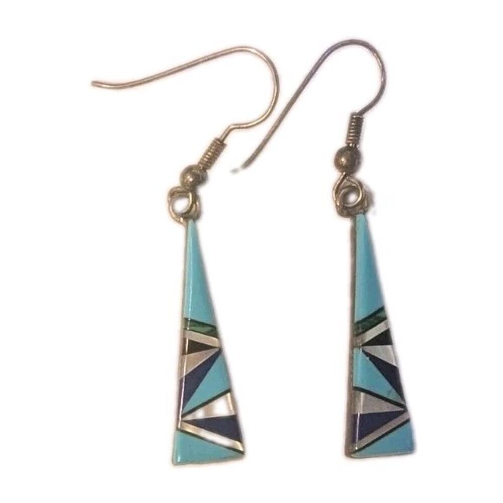 Zuni Long Triangle French Wire Sterling Turquoise Lapis Malachite Spiny Oyster
